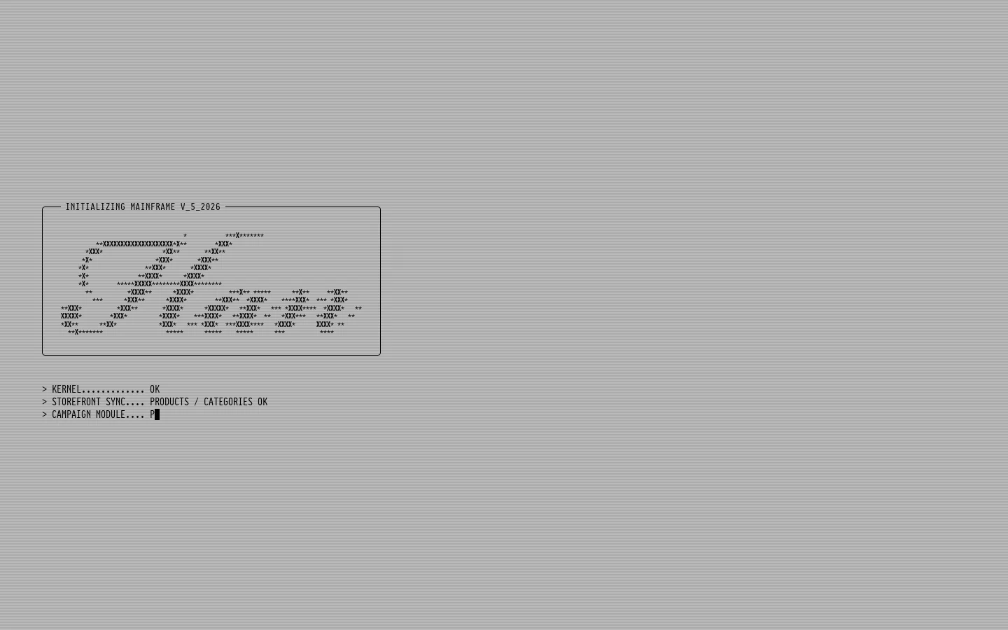 A minimalist, retro-computer terminal interface on a solid grey background. The page features monospaced text simulating a mainframe initialization sequence, including ASCII art and status updates like 'KERNEL... OK'.
