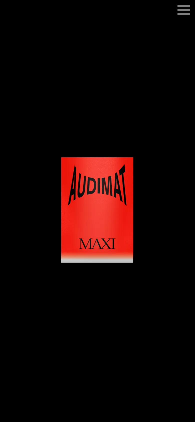 The mobile version maintains the black background and central red graphic with 'AUDIMAT MAXI' text, but the layout is simplified. The top navigation links are replaced by a white hamburger menu icon in the top right corner, and the central image is scaled down to fit the narrower screen width.