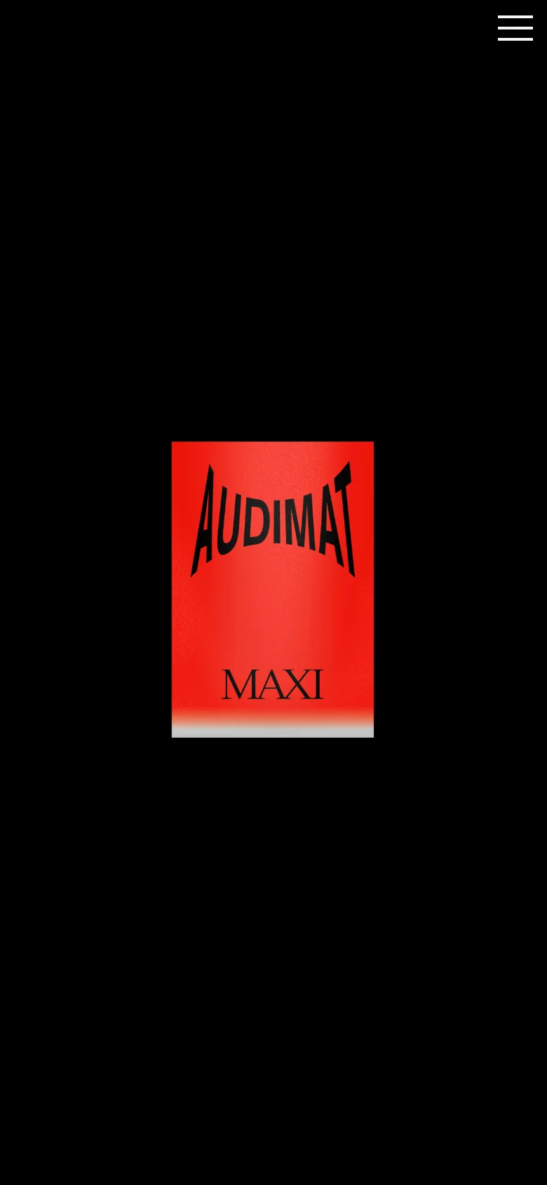 The mobile version maintains the black background and central red graphic with 'AUDIMAT MAXI' text, but the layout is simplified. The top navigation links are replaced by a white hamburger menu icon in the top right corner, and the central image is scaled down to fit the narrower screen width.