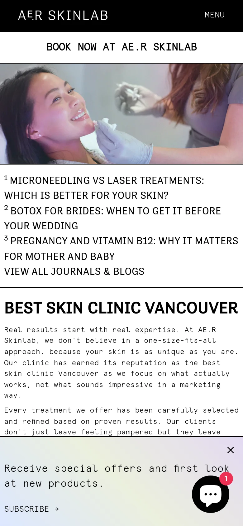 The mobile version simplifies the layout into a vertical stack, replacing the desktop navigation with a 'MENU' button and a centered logo. The hero image remains prominent, followed by a single-column list of blog titles and the 'Best Skin Clinic Vancouver' description. A sticky bottom bar includes an email subscription field and a floating chat icon for easy access.