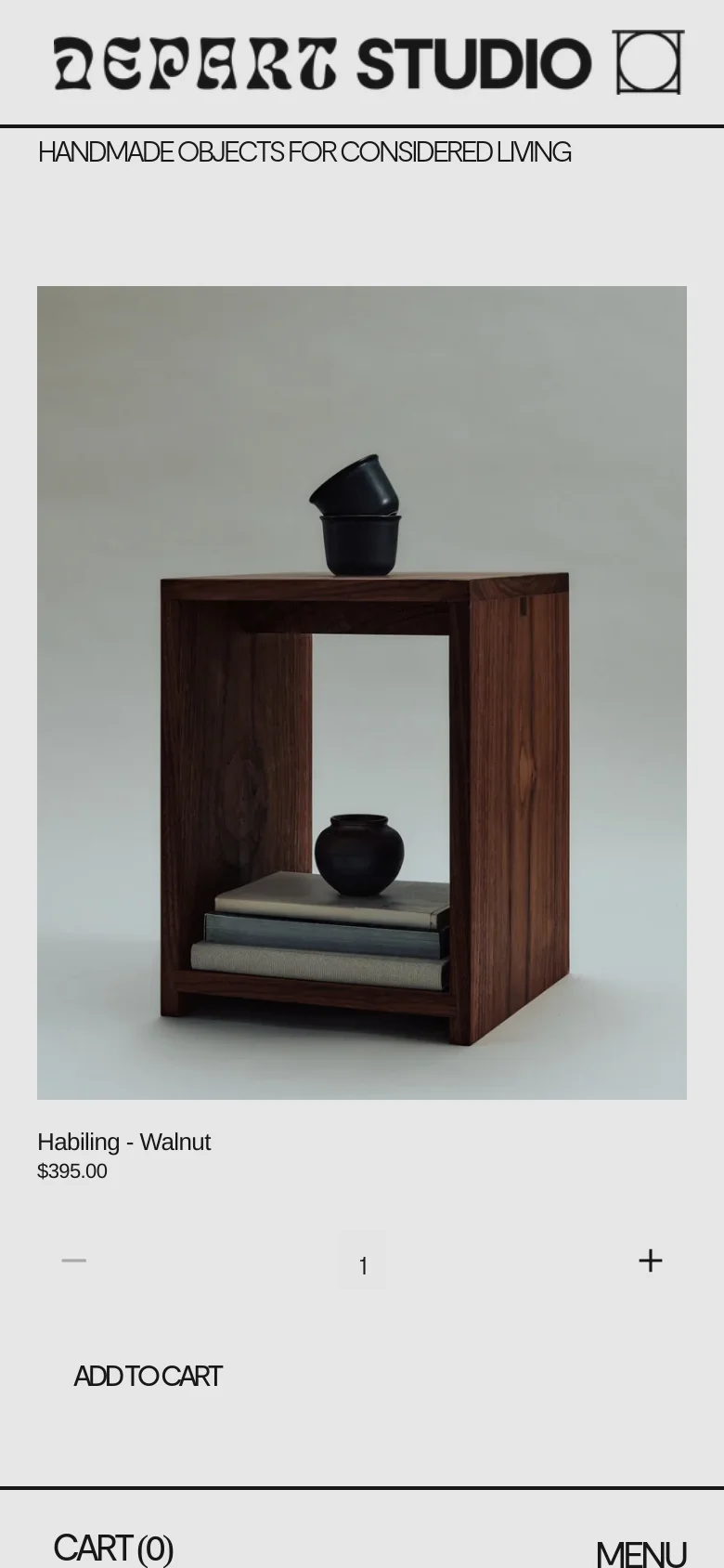 The mobile version presents a single-column vertical layout optimized for smaller screens. The product imagery is enlarged to fill the width of the screen, with the product title, price, quantity selector, and 'Add to Cart' button stacked vertically beneath each item, and a bottom navigation bar for 'Cart' and 'Menu'.