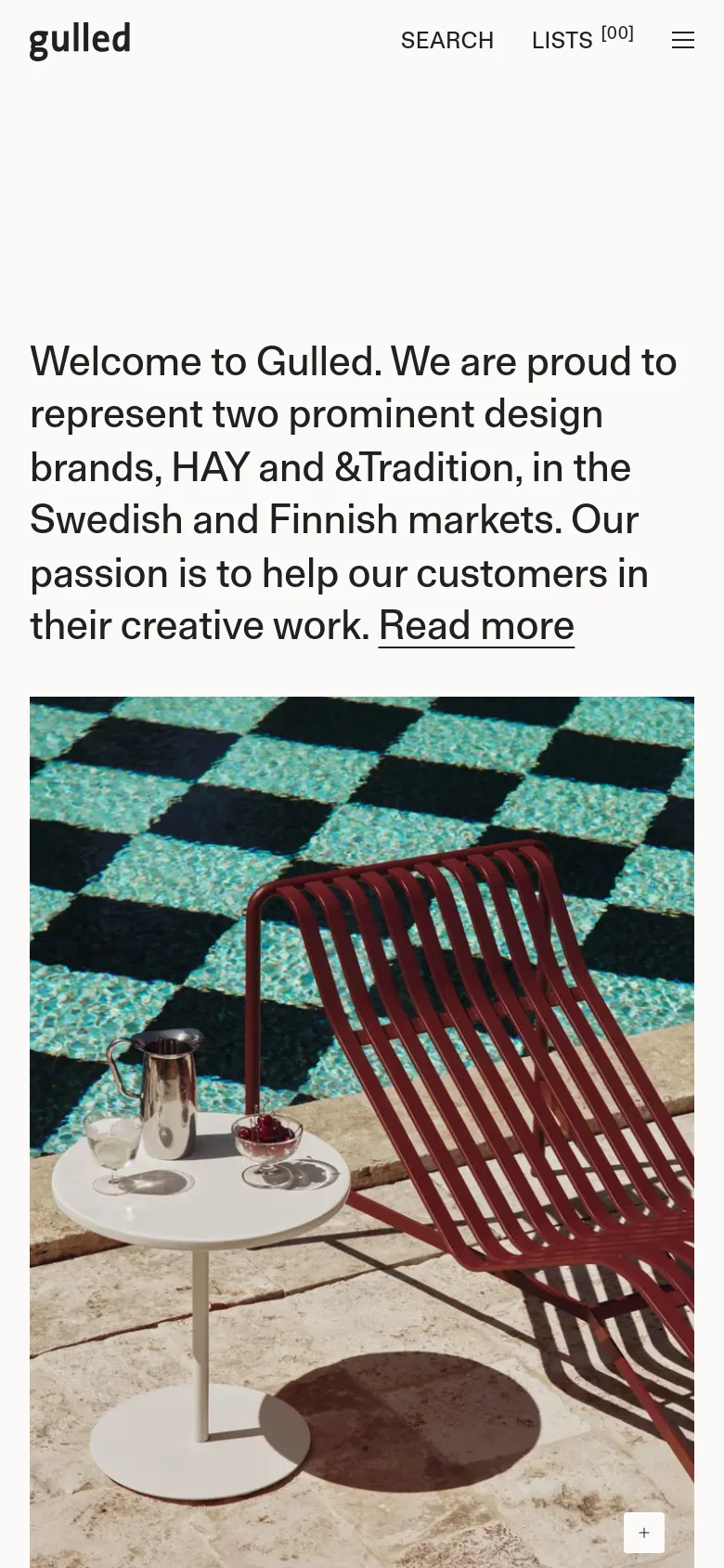 The mobile version uses a simplified layout with a hamburger menu icon and a condensed header containing the logo, search, and lists. The introductory text and large hero image are stacked vertically to fit the narrow screen, maintaining the focus on the outdoor lifestyle imagery and the 'Read more' call to action.