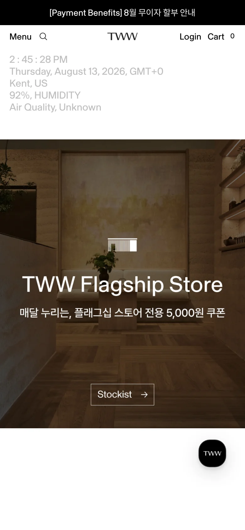 The mobile version presents a vertically stacked layout starting with a weather and time widget, followed by a large hero image for the 'TWW Flagship Store'. The hero image features a warm, interior shot of a store with a 'Stockist' button. Navigation is condensed into a 'Menu' icon and search icon at the top, with a floating 'TWW' button at the bottom right.