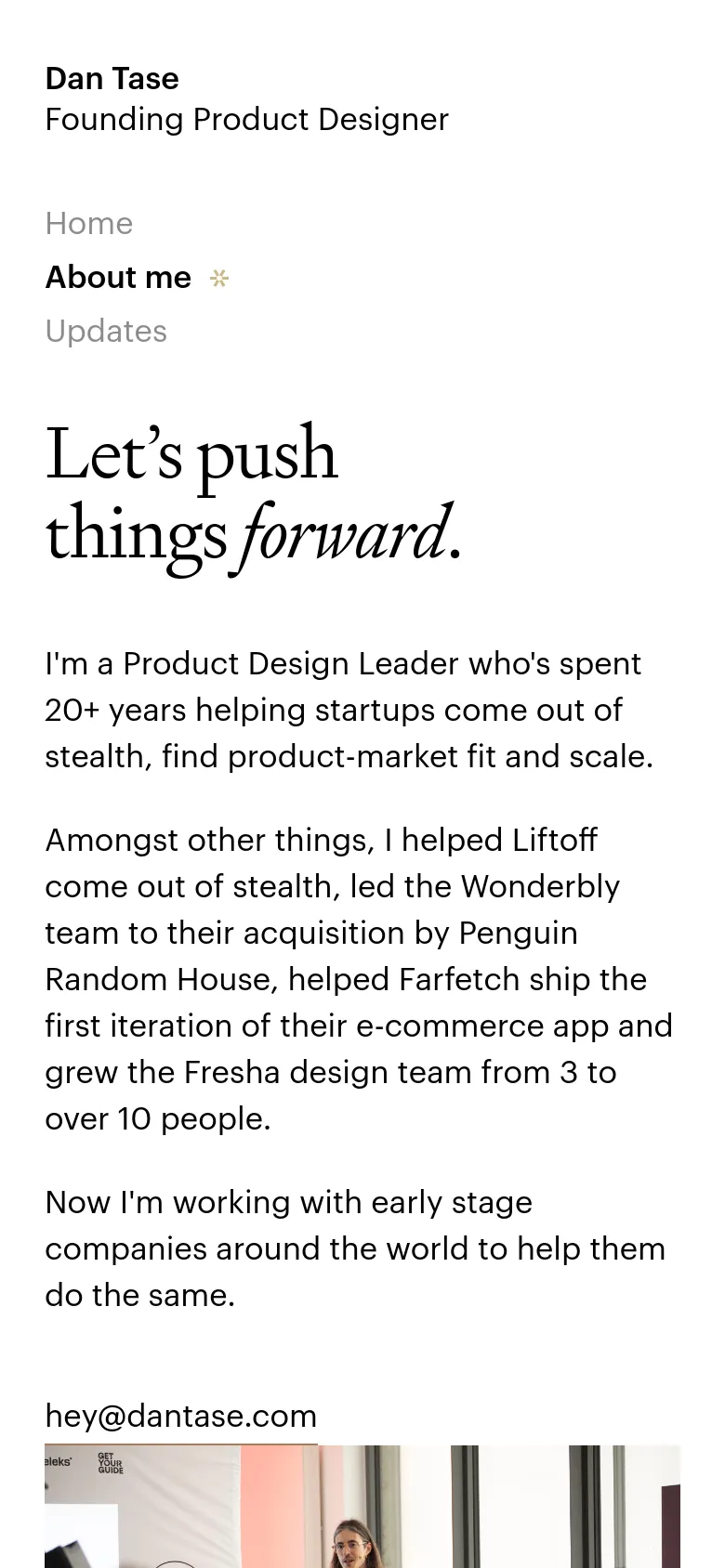 The mobile version uses a single-column layout where the large headline and bio text are stacked vertically. The navigation menu is condensed at the top, and the content flows in a continuous vertical scroll, making the text easier to read on a narrow screen.
