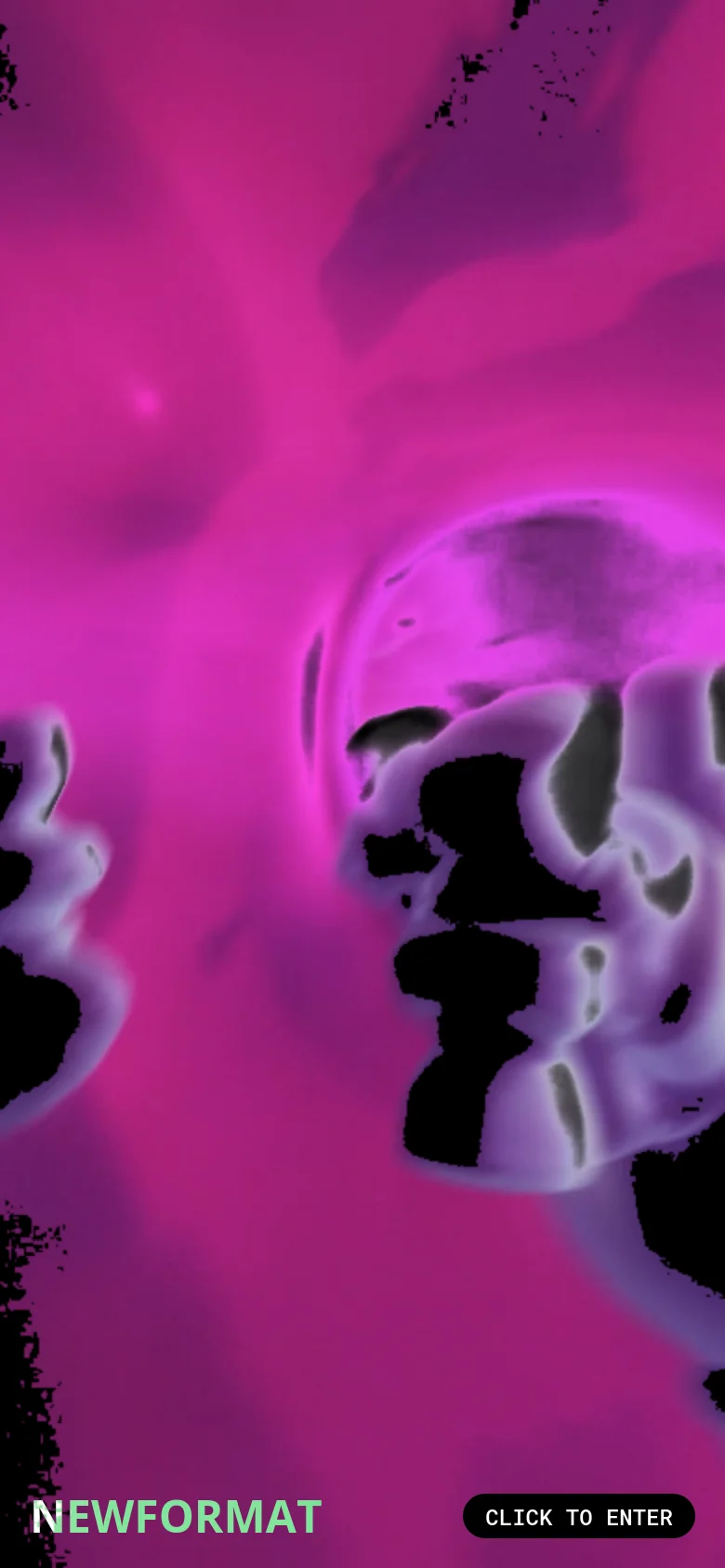 The mobile version presents a zoomed-in, more abstract view of the pink and black fluid textures and shapes. The 'NEWFORMAT' logo is positioned at the bottom left, and the 'CLICK TO ENTER' call to action is a prominent button in the bottom right corner.