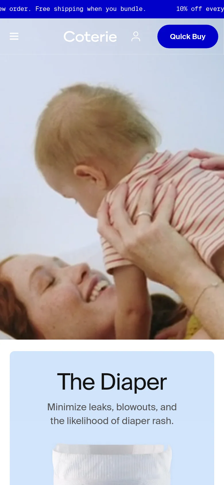 The mobile version presents a vertically stacked layout starting with a large hero image of a person holding a baby. Below this, a single light blue card highlights 'The Diaper' with its description and a 'Shop The Diaper' button. The navigation is condensed into a hamburger menu, and a prominent 'Quick Buy' button is fixed at the top.