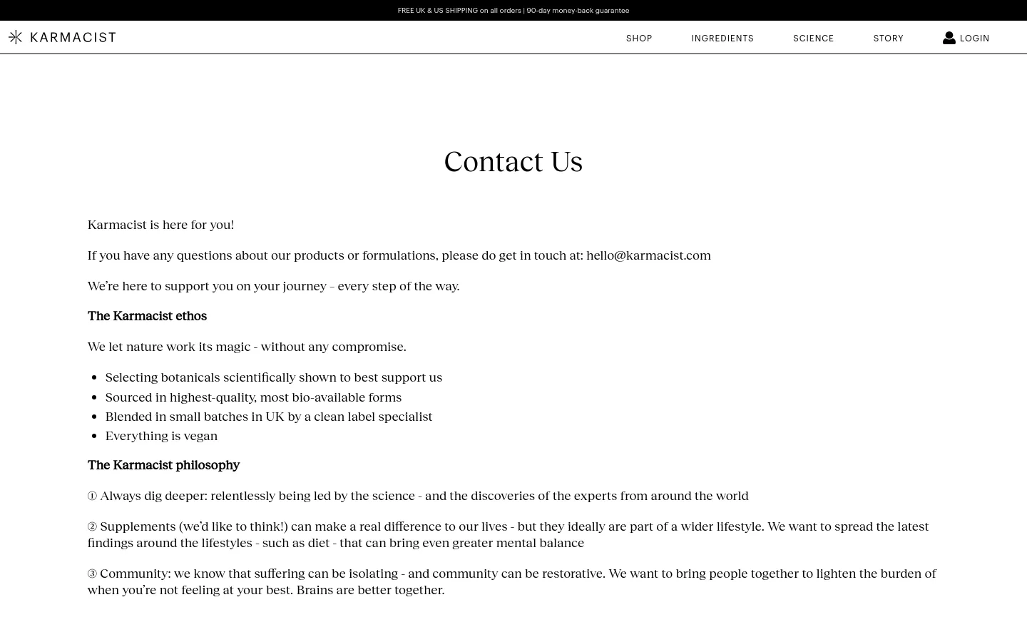 The desktop Contact Us page features a clean, minimalist design with a white background and black text. A centered headline 'Contact Us' is followed by contact information and two sections detailing 'The Karmacist ethos' and 'The Karmacist philosophy' using bullet points and numbered lists. The top navigation bar includes the Karmacist logo, links for Shop, Ingredients, Science, and Story, and a Login icon.