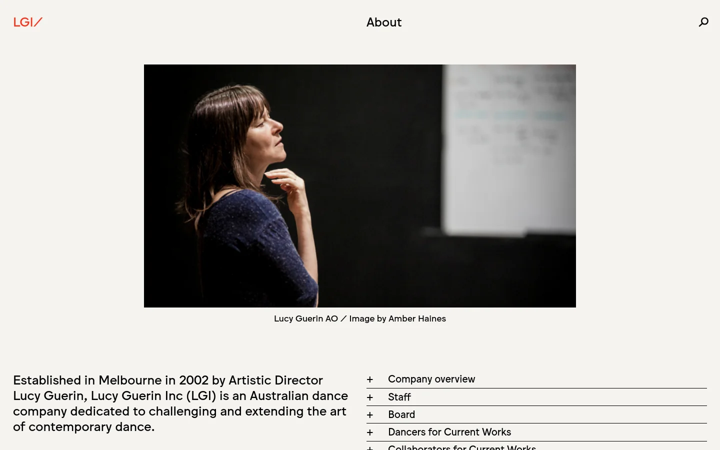 Lucy Guerin Inc About Us desktop website screenshot