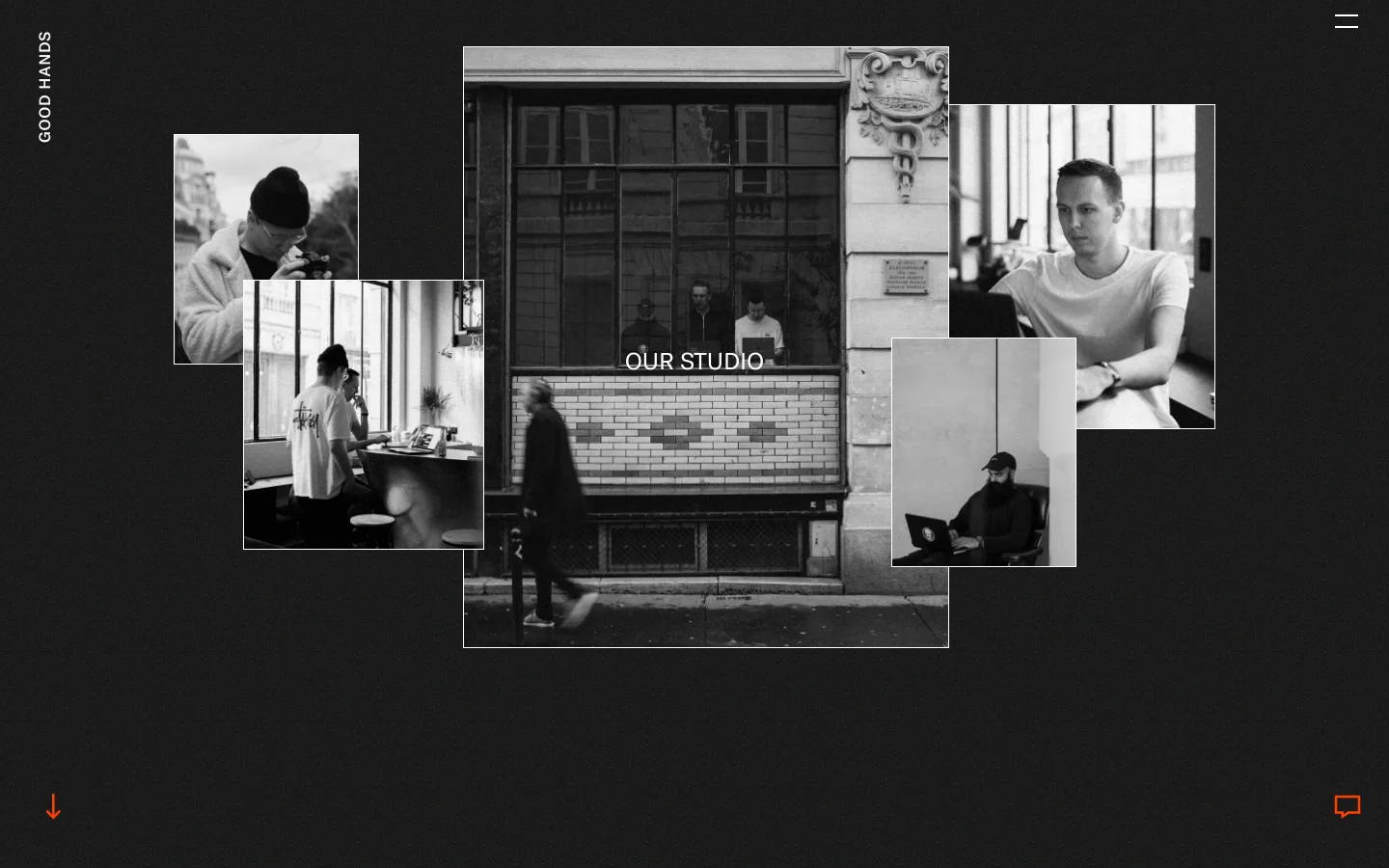 The desktop About Us page features a dark background with a collage of black and white photographs of people in a studio setting. The central image shows a storefront window with the text 'OUR STUDIO' overlaid in white, and the agency name 'GOOD HANDS' is displayed vertically on the left. Navigation links and icons are minimal, including a hamburger menu in the top right and orange directional arrows at the bottom.