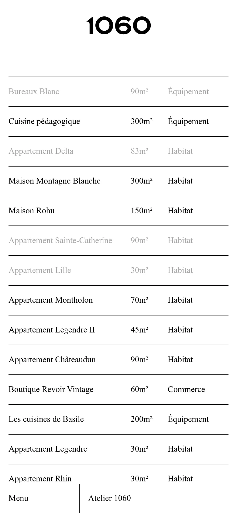 The mobile version presents the same project list but in a single-column vertical stack to fit the narrow screen. The '1060' logo remains prominent at the top, and the project details are condensed into rows, maintaining the minimalist black-and-white aesthetic and thin line separators.