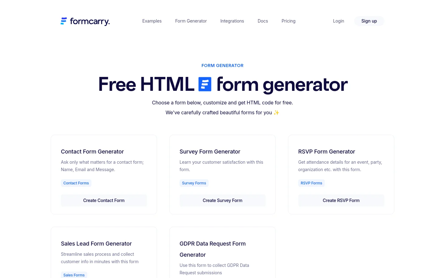 The desktop page features a clean, white layout with a centered hero section containing the headline 'Free HTML form generator' and a subheadline. Below the text, several white cards with rounded corners are arranged in a grid, each offering a different form type like Contact, Survey, or RSVP, accompanied by a brief description and a light gray call-to-action button. The navigation bar at the top includes the Formcarry logo on the left and links for Examples, Integrations, Docs, and Pricing, with 'Sign up' highlighted on the right.