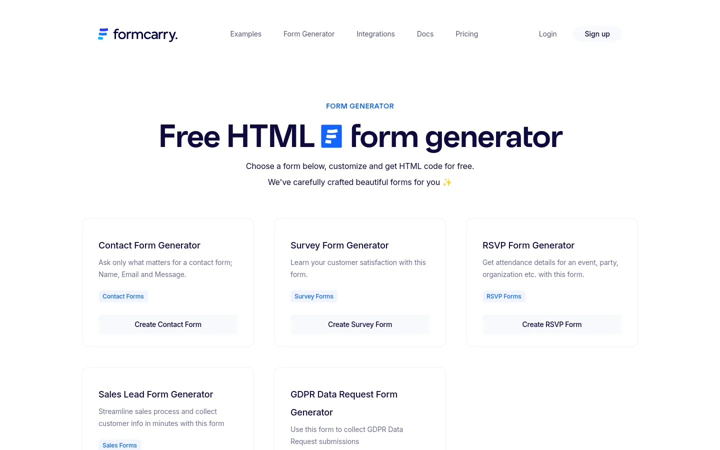 The desktop page features a clean, white layout with a centered hero section containing the headline 'Free HTML form generator' and a subheadline. Below the text, several white cards with rounded corners are arranged in a grid, each offering a different form type like Contact, Survey, or RSVP, accompanied by a brief description and a light gray call-to-action button. The navigation bar at the top includes the Formcarry logo on the left and links for Examples, Integrations, Docs, and Pricing, with 'Sign up' highlighted on the right.