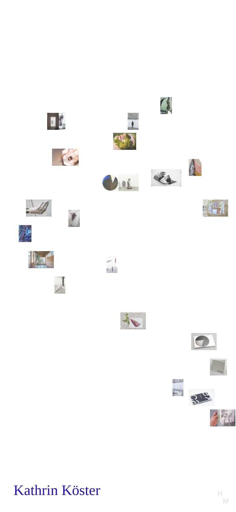 The mobile version maintains the minimalist white aesthetic and the large serif name at the bottom. The layout of the scattered, purple-tinted imagery is more vertically compressed to fit the narrower screen, while the navigation menu is condensed.