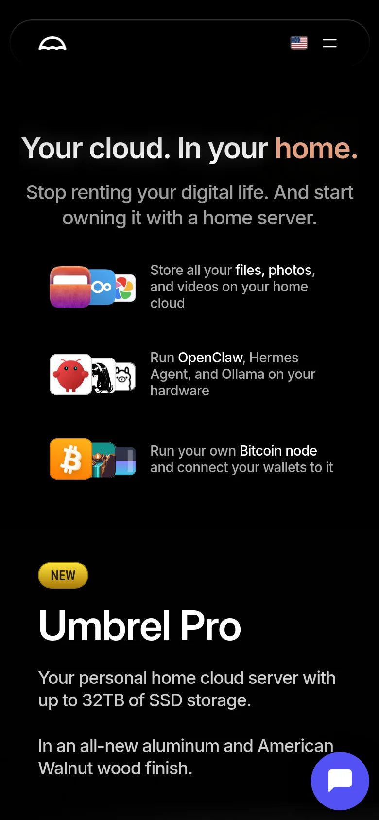 The mobile version uses a single-column layout on a black background, starting with a condensed navigation bar and the hero headline. The three feature icons and their descriptions are stacked vertically for easier scrolling. The Umbrel Pro product section follows, featuring large white typography and a prominent chat bubble icon in the bottom right corner.