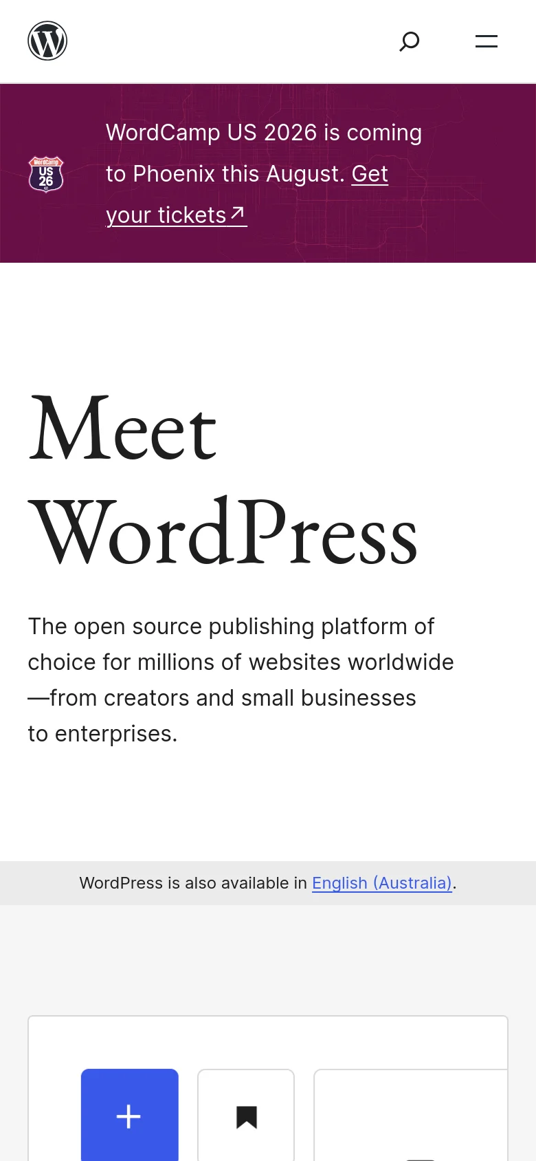 The mobile version simplifies the layout into a single-column view, stacking the 'Meet WordPress' headline and text vertically. The top navigation is condensed into a hamburger menu and a search icon, while the purple WordCamp announcement banner remains prominent at the top of the viewport.