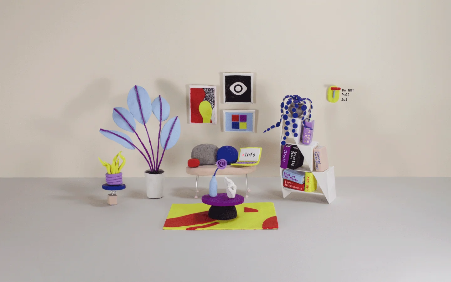 A minimalist desktop landing page featuring a whimsical 3D-rendered still life of colorful, abstract objects like plants, frames, and shapes on a neutral background. Text describes the transition from digital product design to floral design, with links to Frond Floral, Instagram, and email. The layout is spacious with a clean, off-white aesthetic.