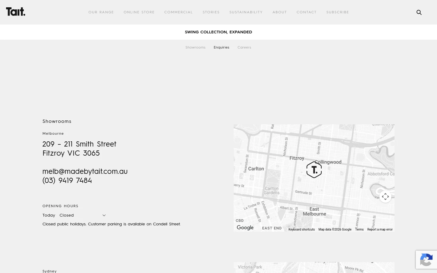 The Contact page features a minimalist design with a white background and black text. It displays showroom information for Melbourne, including the address, email, phone number, and opening hours, positioned on the left, with a large Google Map on the right showing the showroom location. A top navigation bar includes links for Our Range, Online Store, Commercial, Stories, Sustainability, About, Contact, and Subscribe.