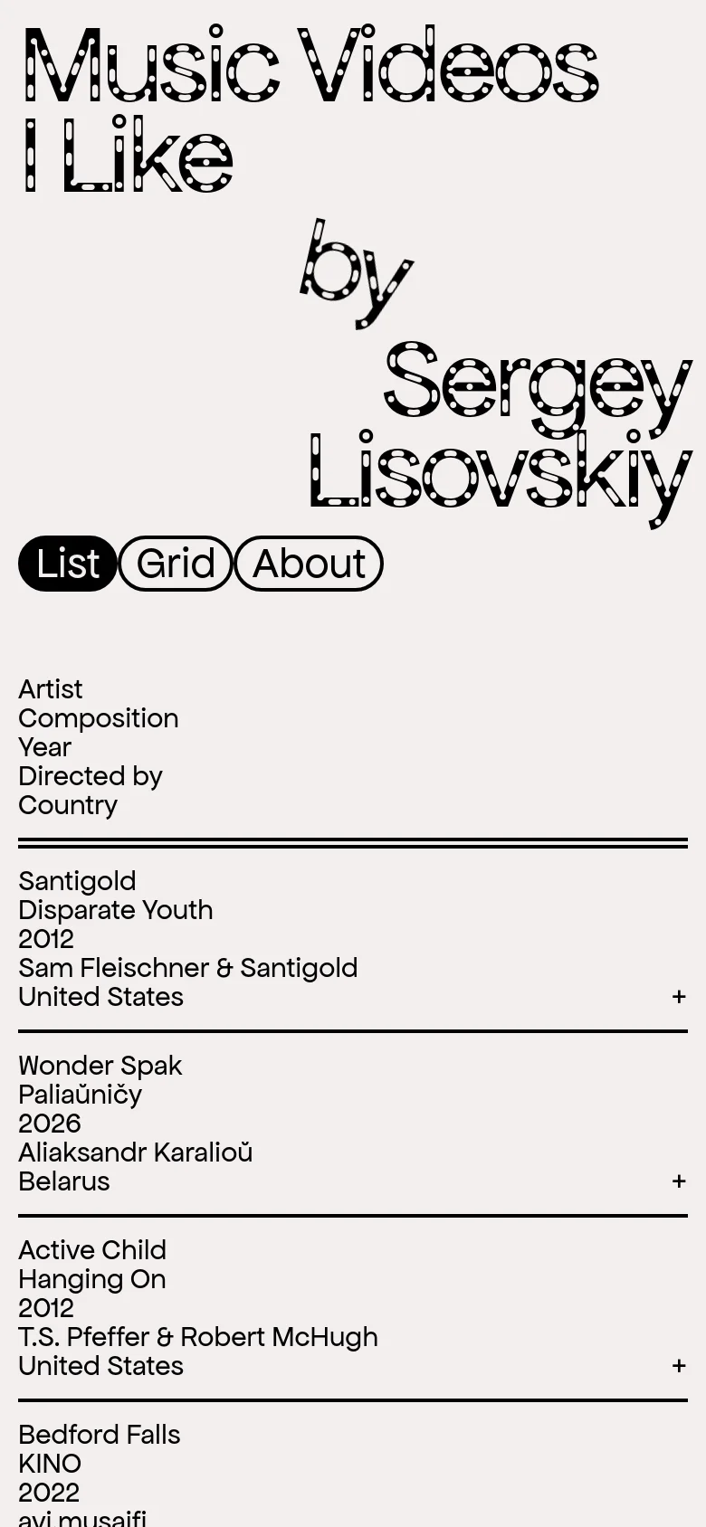 The mobile version maintains the large, stylized black outline typography for the title but stacks the text elements vertically. The navigation buttons 'List', 'Grid', and 'About' are centered, and the data table transitions into a vertical list format where each entry shows the artist, song, year, director, and country stacked on top of each other.