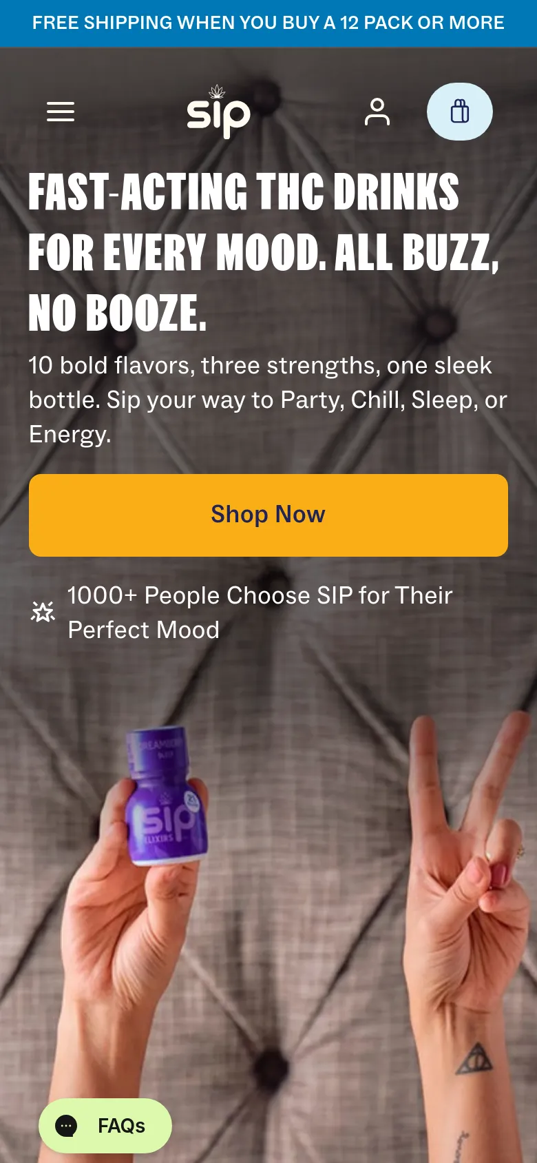 The mobile version presents a vertically stacked layout with the same hero imagery, headline, and yellow 'Shop Now' button centered on the screen. The navigation is condensed into a hamburger menu icon on the top left, while the user profile and shopping cart icons remain in the header. A floating 'FAQs' button is visible at the bottom left of the screen.