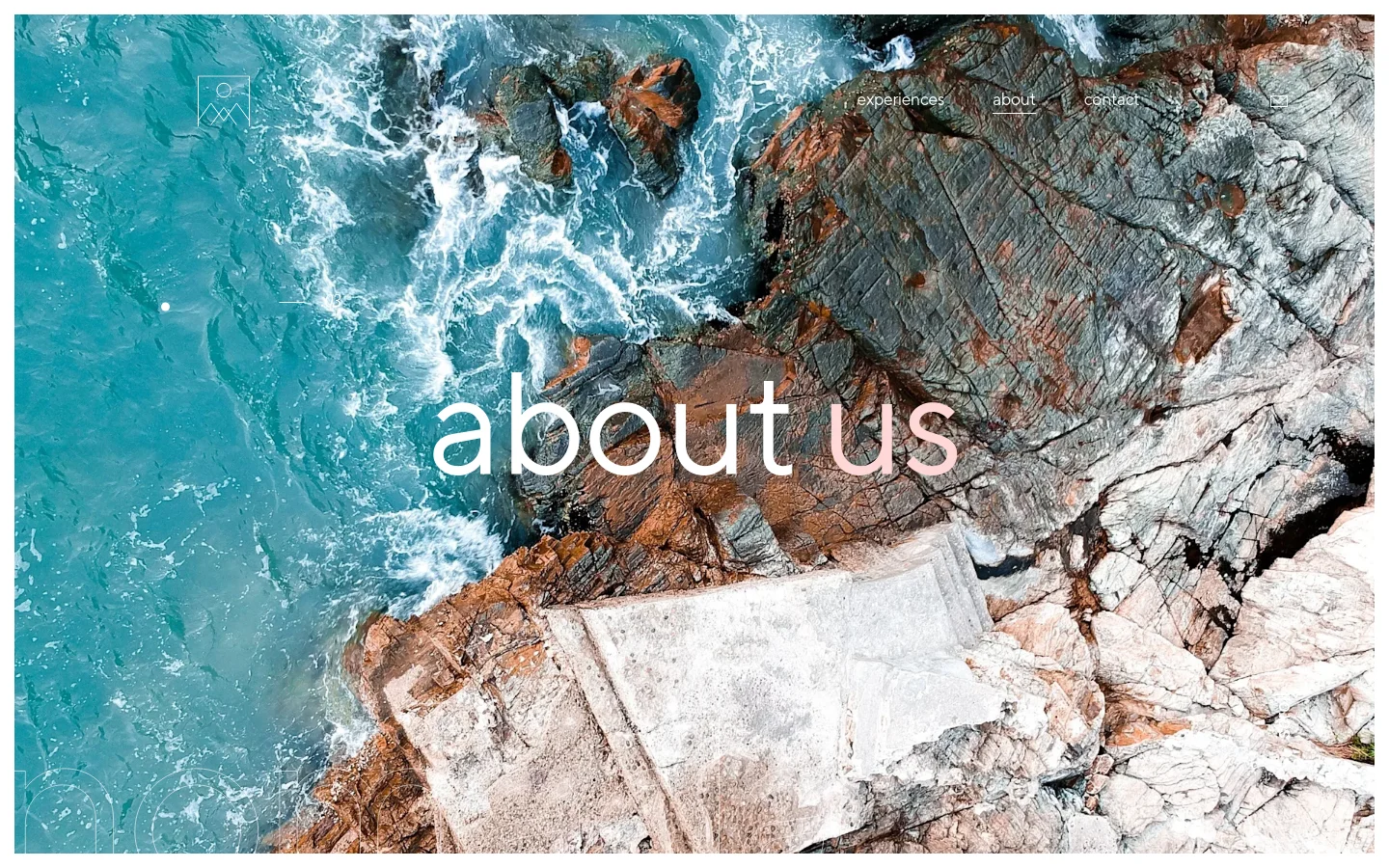 The desktop About page features a large hero image of turquoise ocean waves crashing against rocky cliffs with the headline 'about us' in white and salmon text. A minimalist navigation menu is at the top right, and the layout uses a clean, spacious design with high-contrast typography against nature imagery.