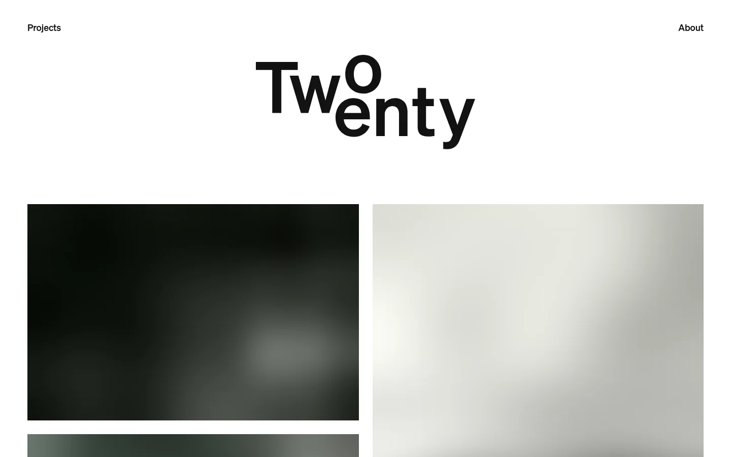 The desktop version of the Projects page features a minimalist white background with the large black 'TwoTwenty' logo centered at the top. Below the header, a grid layout displays large, rectangular project tiles with high-quality photography and white text overlays, such as 'TAAKK AW26 Fashion Show'. Navigation links for 'Projects' and 'About' are positioned at the top corners.