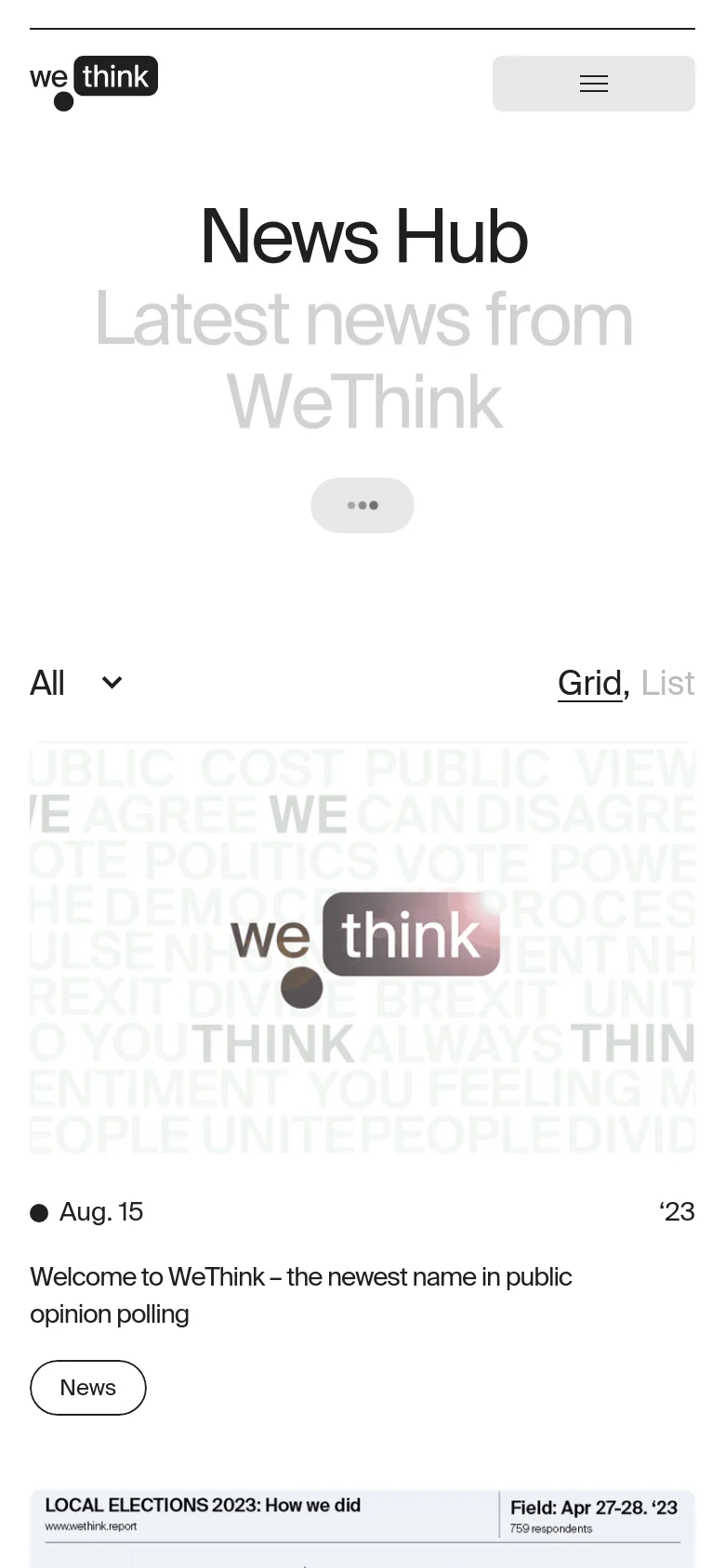The mobile version of the News Hub simplifies the layout, stacking the large 'News Hub' header and subheadline vertically. The filter options and view toggles are condensed, and the article cards transition from a multi-column grid to a single-column vertical stack for easier scrolling.