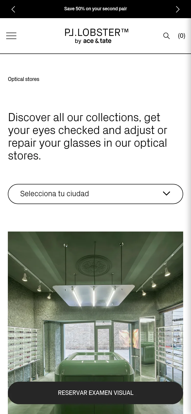 The mobile version uses a single-column layout where the text and city selection dropdown are stacked vertically above the large store interior image. The navigation is condensed into a hamburger menu and a search icon, with a prominent 'RESERVAR EXAMEN VISUAL' button overlaid on the bottom of the image.