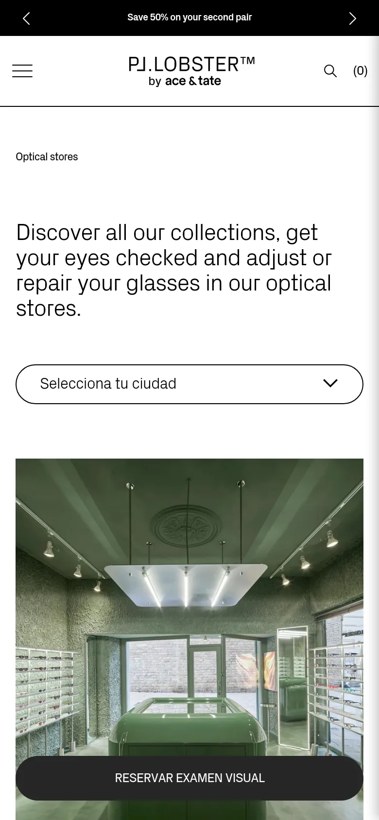 The mobile version uses a single-column layout where the text and city selection dropdown are stacked vertically above the large store interior image. The navigation is condensed into a hamburger menu and a search icon, with a prominent 'RESERVAR EXAMEN VISUAL' button overlaid on the bottom of the image.