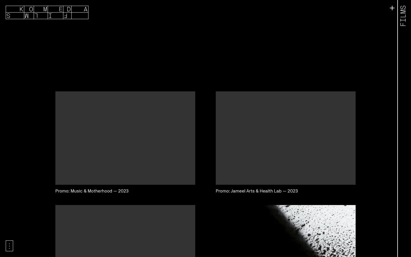 The Films page features a minimalist dark theme with a grid layout of video project thumbnails. At the top, a 'FILTER' menu allows users to sort by category or role, and the Komeda Films logo is displayed in a stylized white outline. Each project is represented by a large rectangular placeholder or image with a text caption below indicating the project type, title, and year.
