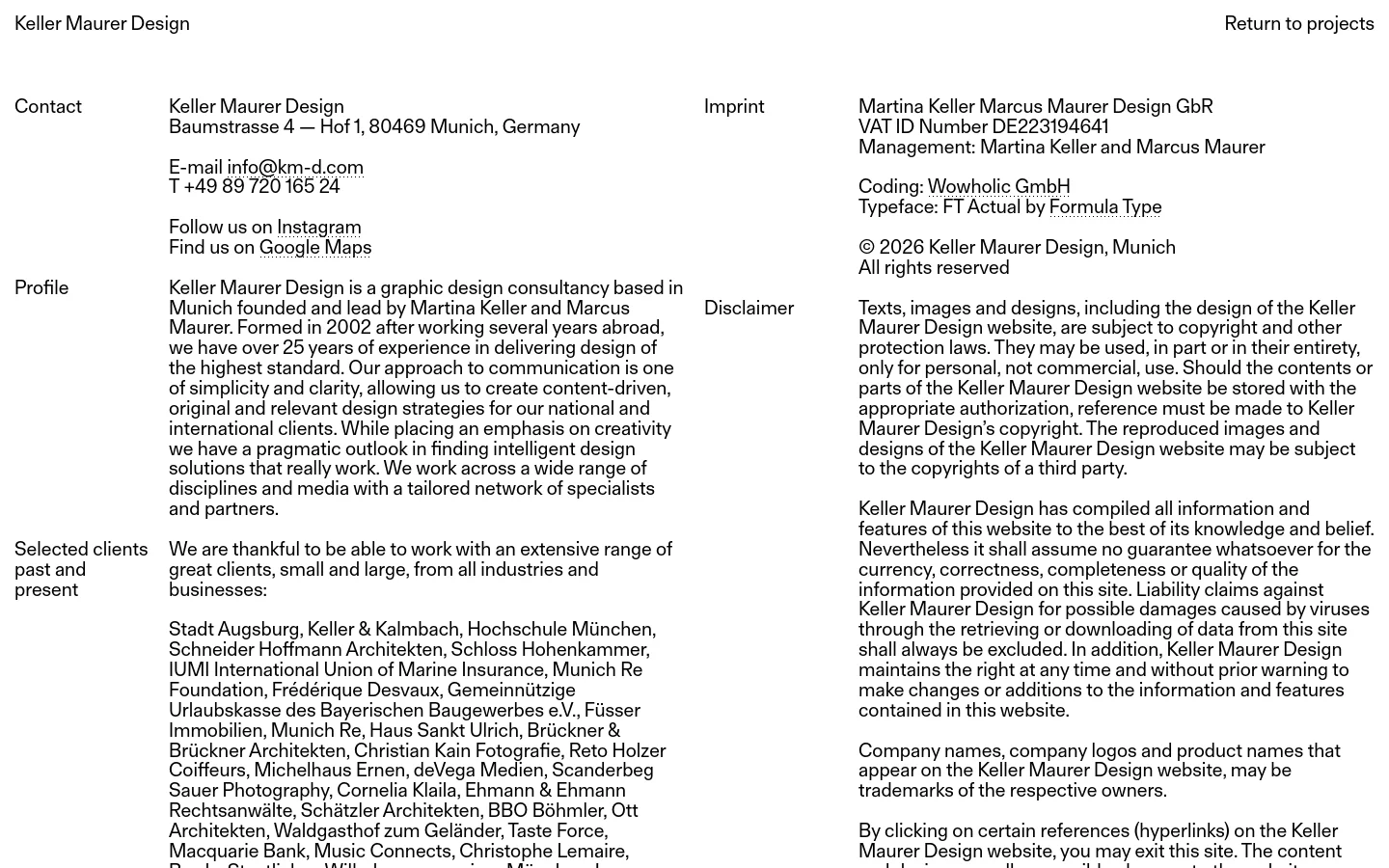 The About page for Keller Maurer Design features a minimalist, clean layout with black text on a white background. The content is organized into three main sections: Contact information, a Profile description, and a long list of Selected clients. A navigation link to 'Return to projects' is positioned at the top right.