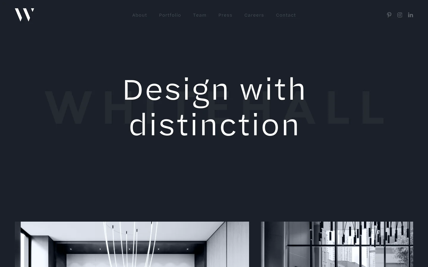 The desktop homepage features a dark, minimalist design with a large white headline reading 'Design with distinction' centered over a dark background. A navigation menu with links like About, Portfolio, and Contact is at the top, and a large high-contrast interior photograph of a modern living space is visible at the bottom.