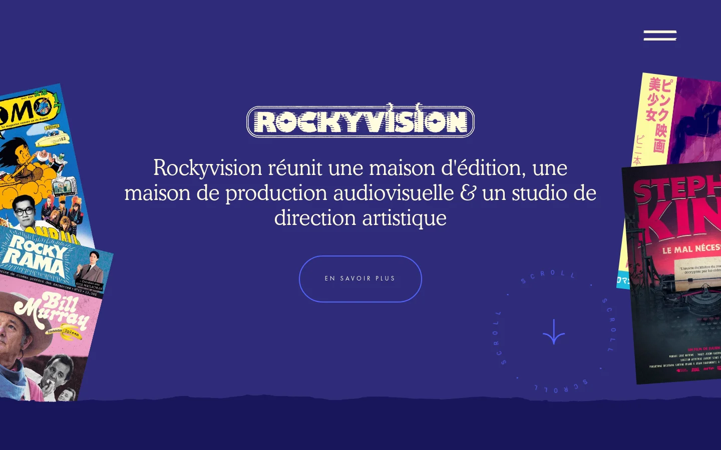 The desktop homepage features a deep purple background with a central white logo for Rockyvision and a large headline describing the company's services. A prominent 'EN SAVOIR PLUS' call-to-action button sits in the center, flanked by colorful, overlapping magazine and poster illustrations on the left and right sides. A circular 'SCROLL' indicator with an arrow is positioned in the bottom right corner.