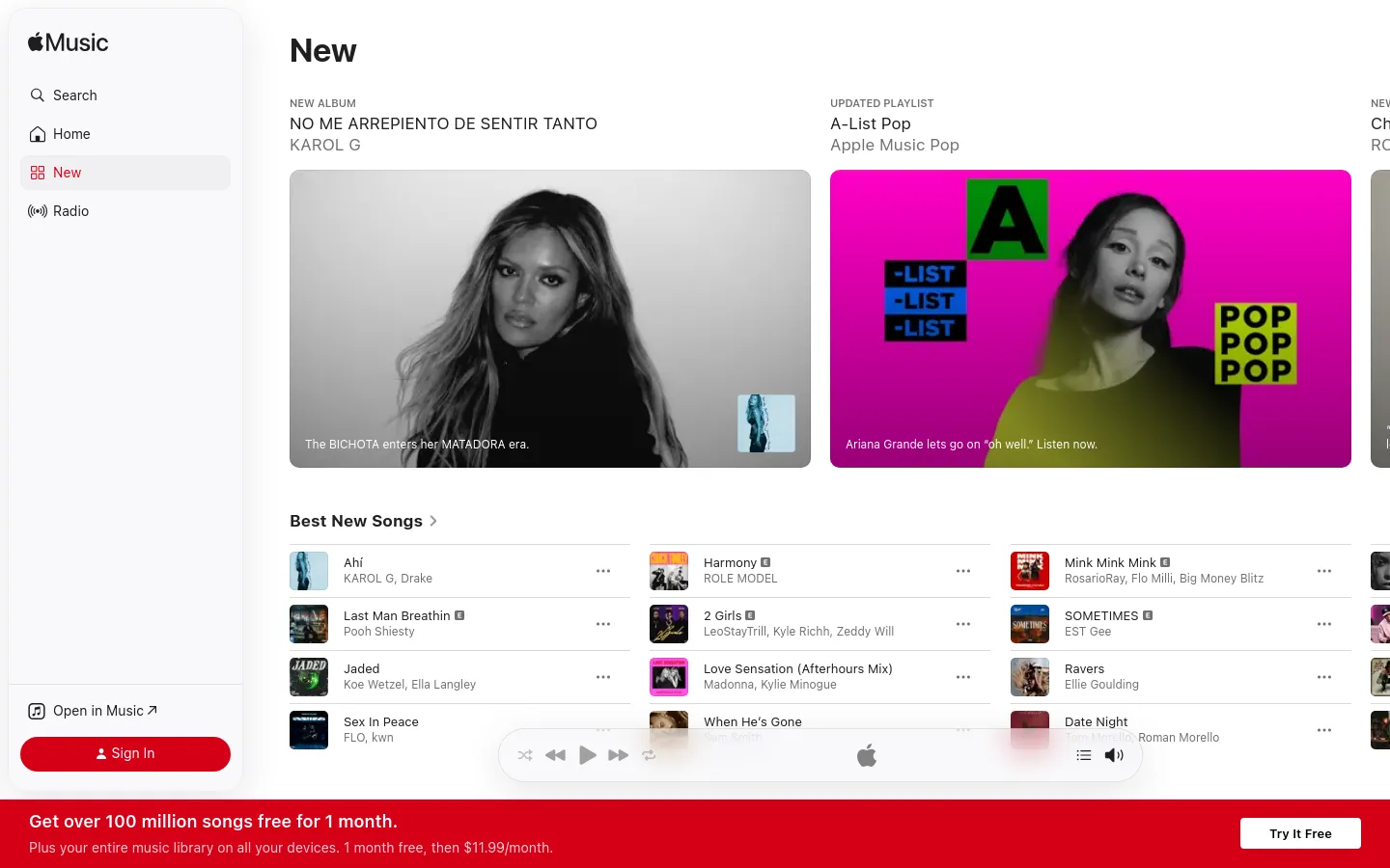 The Apple Music web player desktop view features a white sidebar on the left with navigation links like Search, Home, New, and Radio. The main content area displays a 'New' heading above large hero tiles for featured albums, including a black and white image of Karol G and a vibrant pink tile for Ariana Grande. Below the hero section, a 'Best New Songs' list shows song thumbnails, titles, and artists in a multi-column grid layout.