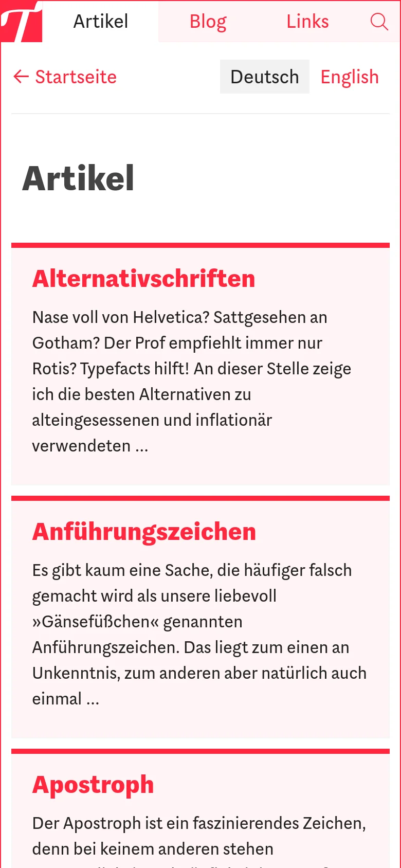The mobile version simplifies the layout into a single-column vertical stack. The sidebar navigation is removed, and the article cards span the full width of the screen, prioritizing readability of the titles and text snippets on a narrow display.