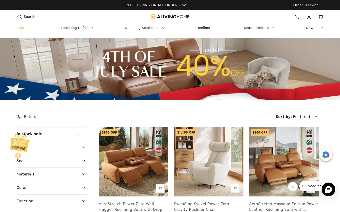 Desktop view of the Aliving Home furniture collection page featuring a large 4th of July sale banner with a leather sofa. Below the banner, a grid of furniture products is displayed with filter and sort options on the left and top, showing items like reclining sofas and chairs with sale badges and star ratings.