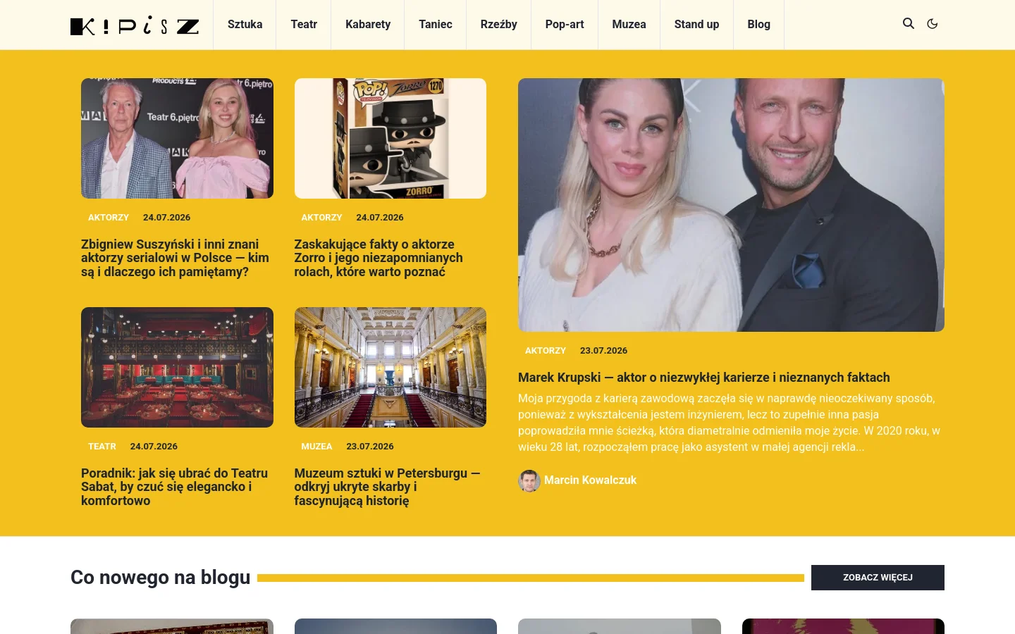 The desktop homepage features a bright yellow background with a white navigation bar at the top containing links for Art, Theater, Cabaret, and more. A grid layout displays various articles with large images, including a featured article about Polish actors and a smaller one about Zorro, accompanied by category tags and dates.