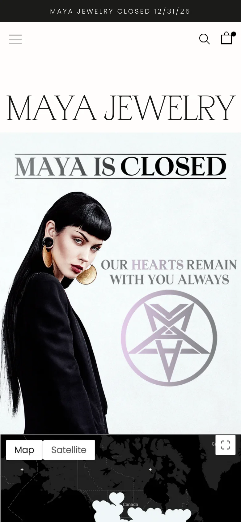 The mobile version presents a vertically stacked layout with a condensed header containing a hamburger menu, search icon, and shopping bag. The hero section features the same 'MAYA IS CLOSED' message and portrait of a woman, but the text and imagery are scaled to fit a narrow screen, emphasizing a clean, centered aesthetic.