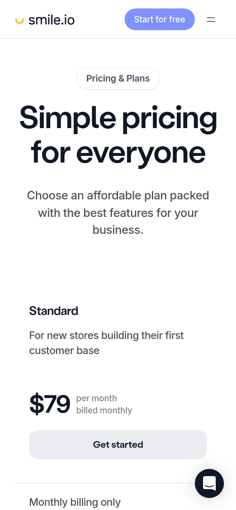 The mobile version simplifies the layout into a single-column vertical stack, starting with the centered headline and subheadline. The pricing plans, such as the 'Standard' plan, are displayed one after another vertically rather than side-by-side, making the text and 'Get started' buttons easy to tap on a small screen.