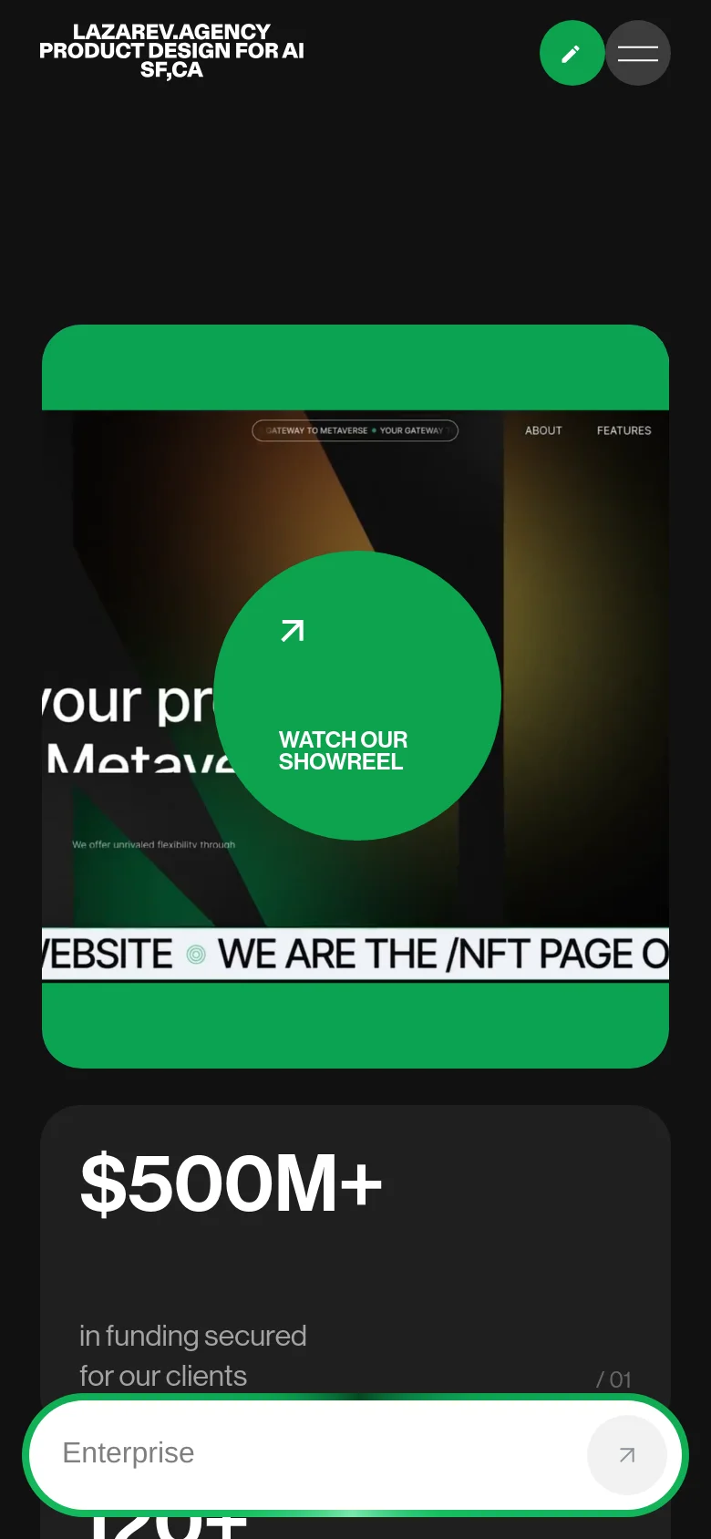 The mobile version presents a vertically stacked layout optimized for small screens, maintaining the dark aesthetic and high-contrast green accents. The hero section is condensed, focusing on the 'Watch our Showreel' button and key text, while the navigation is simplified into a hamburger menu and a floating action button at the bottom.