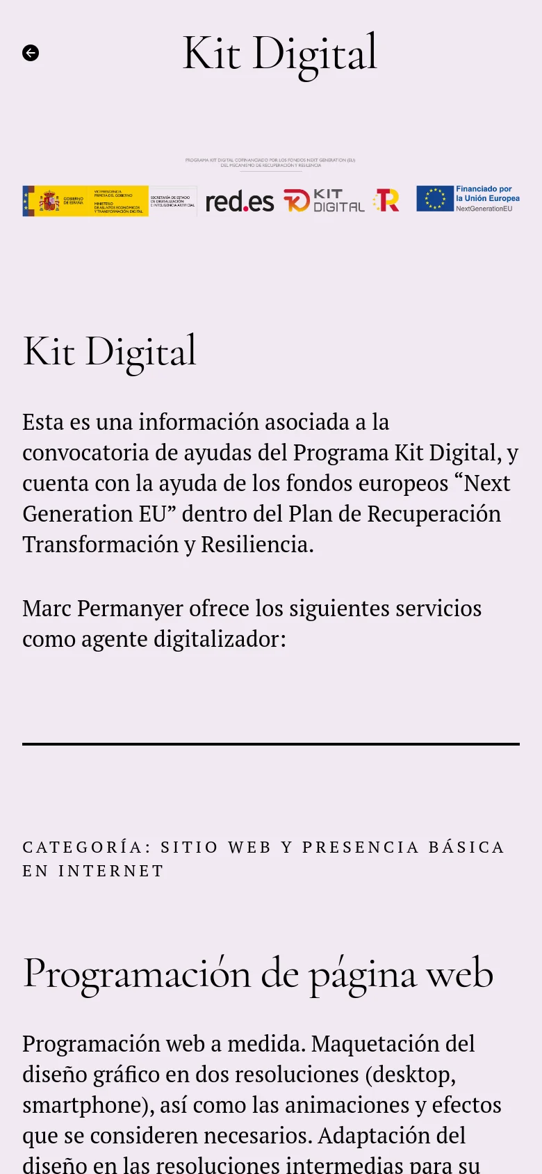 The mobile version maintains the light pink background and black serif text but uses a single-column layout. The header logos are scaled down and stacked to fit the narrow screen, and the text content is centered and vertically elongated for easier scrolling on a smartphone.