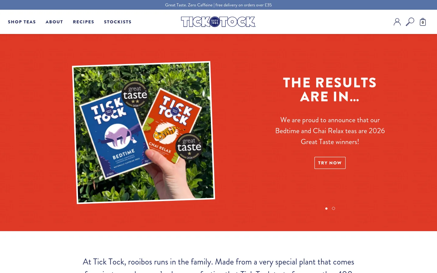 The desktop homepage features a bright red hero section with a large image of two Tick Tock tea boxes held against green foliage, accompanied by a 'Great Taste' award seal. To the right, white text announces the 2026 Great Taste winners for Bedtime and Chai Relax teas, with a 'TRY NOW' call-to-action button. The top navigation bar is white with black text and includes links for Shop Teas, About, Recipes, and Stockists.