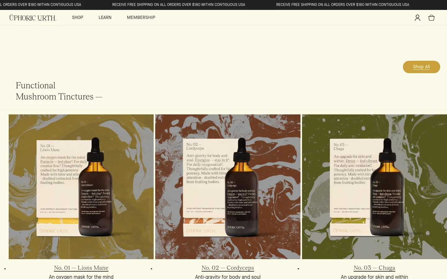 The desktop view shows a product collection page for 'Functional Mushroom Tinctures' on a cream-colored background. A grid layout displays large product images of tincture bottles against earthy, textured backdrops, accompanied by product titles, short descriptions, and 'Add to cart' buttons. A top navigation bar includes the brand logo, 'Shop', 'Learn', and 'Membership' links, alongside user and cart icons.