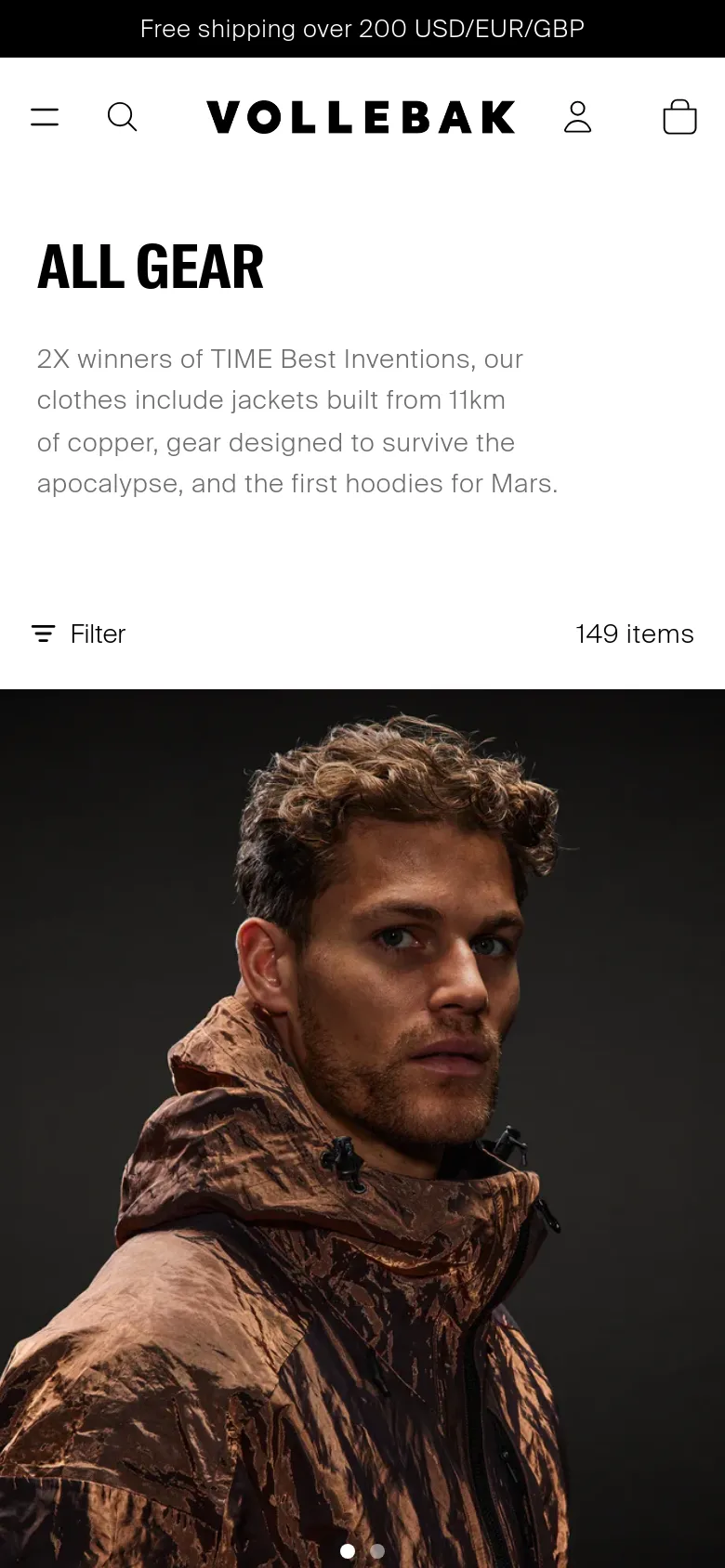 The mobile version presents a simplified layout with a hamburger menu, search icon, user profile, and shopping bag in the header. The 'ALL GEAR' heading and description are stacked vertically, followed by a single-column view of large product images, such as the copper jacket, which dominates the screen.