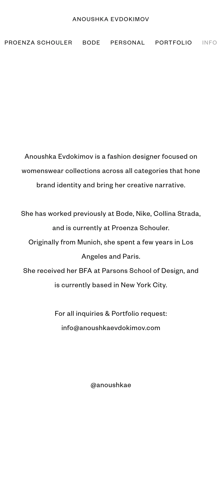 A mobile-optimized version of the minimalist white webpage. The text is centered and stacked vertically, maintaining the same biographical content and contact information as the desktop version, but with a simplified layout for narrow screens.