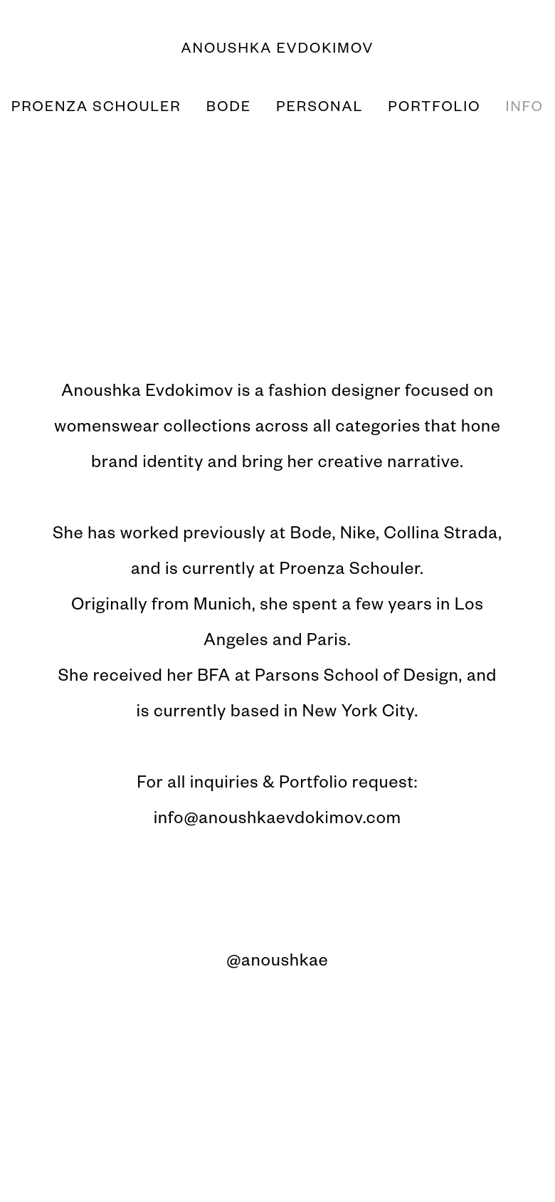 A mobile-optimized version of the minimalist white webpage. The text is centered and stacked vertically, maintaining the same biographical content and contact information as the desktop version, but with a simplified layout for narrow screens.
