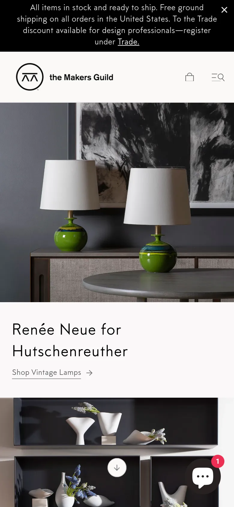 The mobile version presents a vertically stacked layout, starting with a promotional banner at the top followed by the brand logo and a condensed navigation menu. The hero image of the green lamps is scaled to fit the narrow screen, and the text 'Renée Neue for Hutschenreuther' is prominently displayed below the image with a call-to-action link.