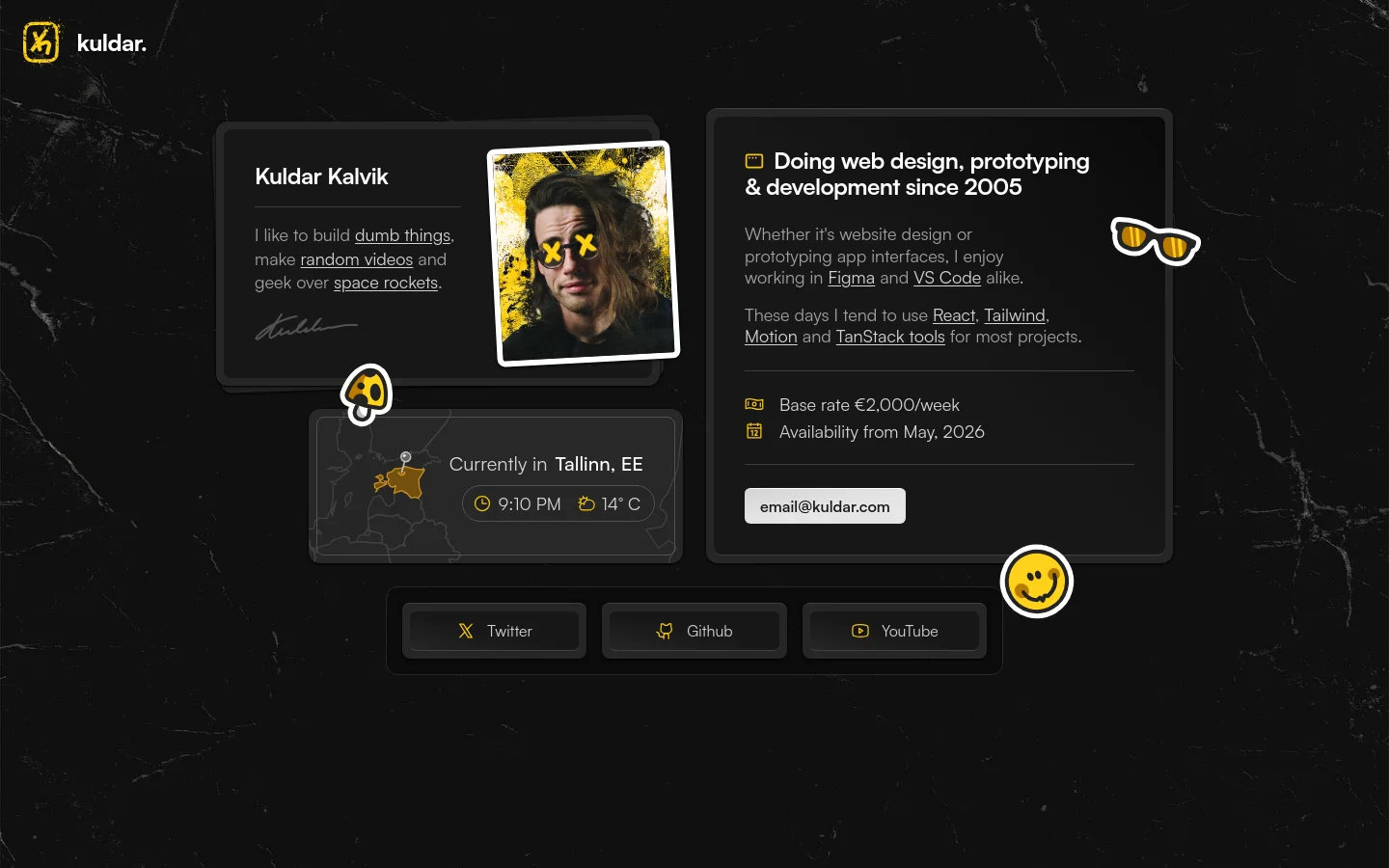 A dark-themed personal portfolio website with a textured black background and yellow accents. The desktop layout features several floating dark glassmorphism cards containing a portrait of Kuldar Kalvik, a bio, professional details like base rate and availability, and social media links for Twitter, Github, and YouTube.
