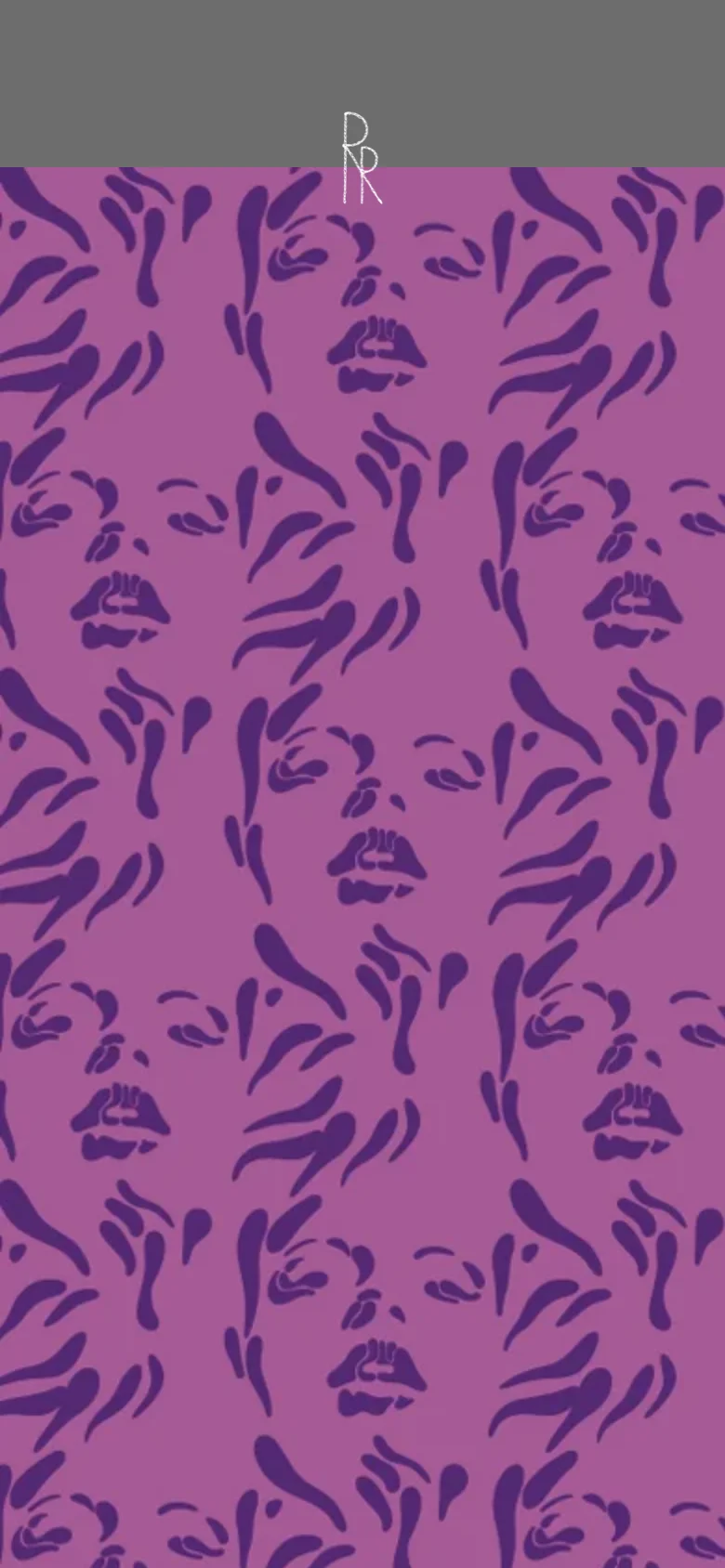 The mobile version shows the same purple face pattern, but the layout is vertically oriented to fill the screen. The text and logo are scaled down, and the pattern becomes the dominant visual element covering the majority of the viewport.