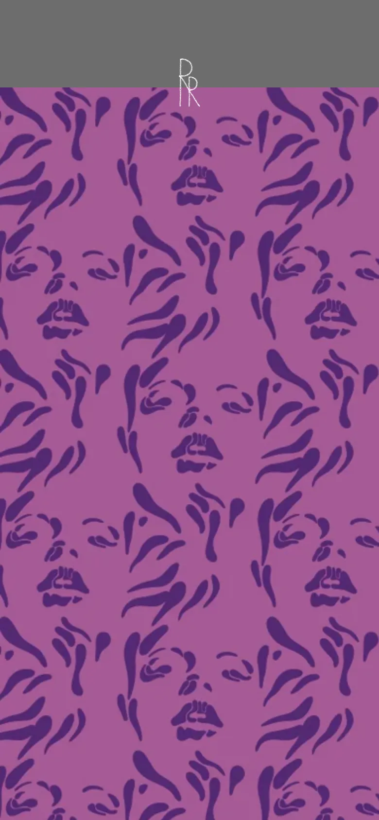 The mobile version shows the same purple face pattern, but the layout is vertically oriented to fill the screen. The text and logo are scaled down, and the pattern becomes the dominant visual element covering the majority of the viewport.