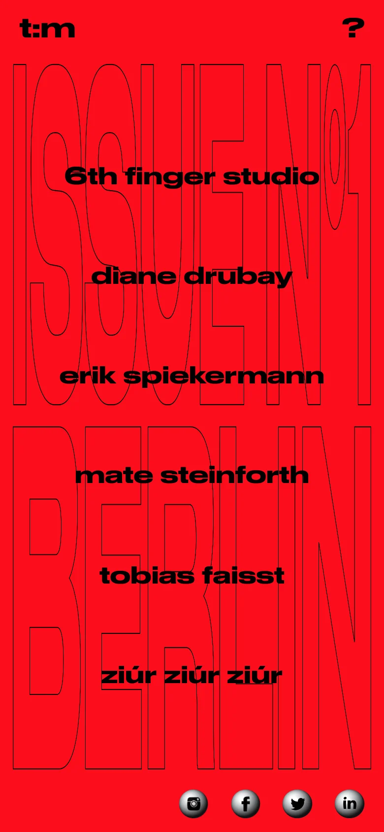 The mobile version simplifies the layout into a single vertical column dominated by a bright red background. Large, outlined text for 'ISSUE NO1 BERLIN' spans the screen, with the featured names and social media icons stacked vertically at the bottom.